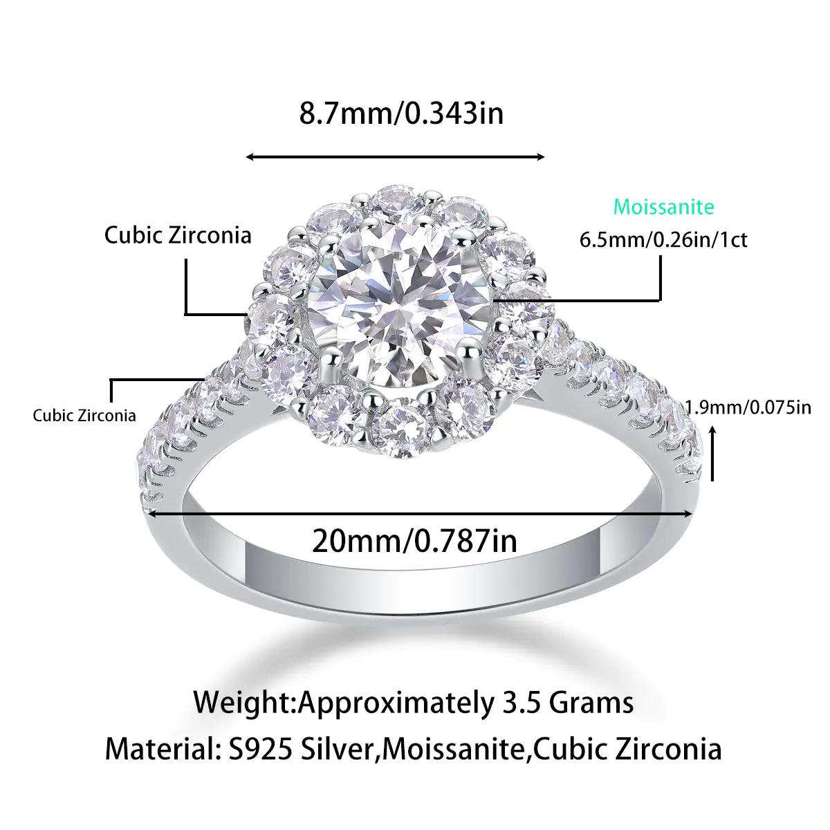 Moissanite Solitaire Halo Engagement Ring