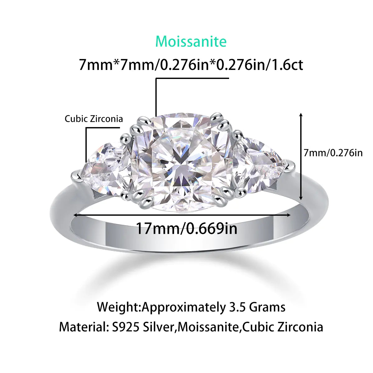 Moissanite Cushion Cut Three-Stone Engagement Ring