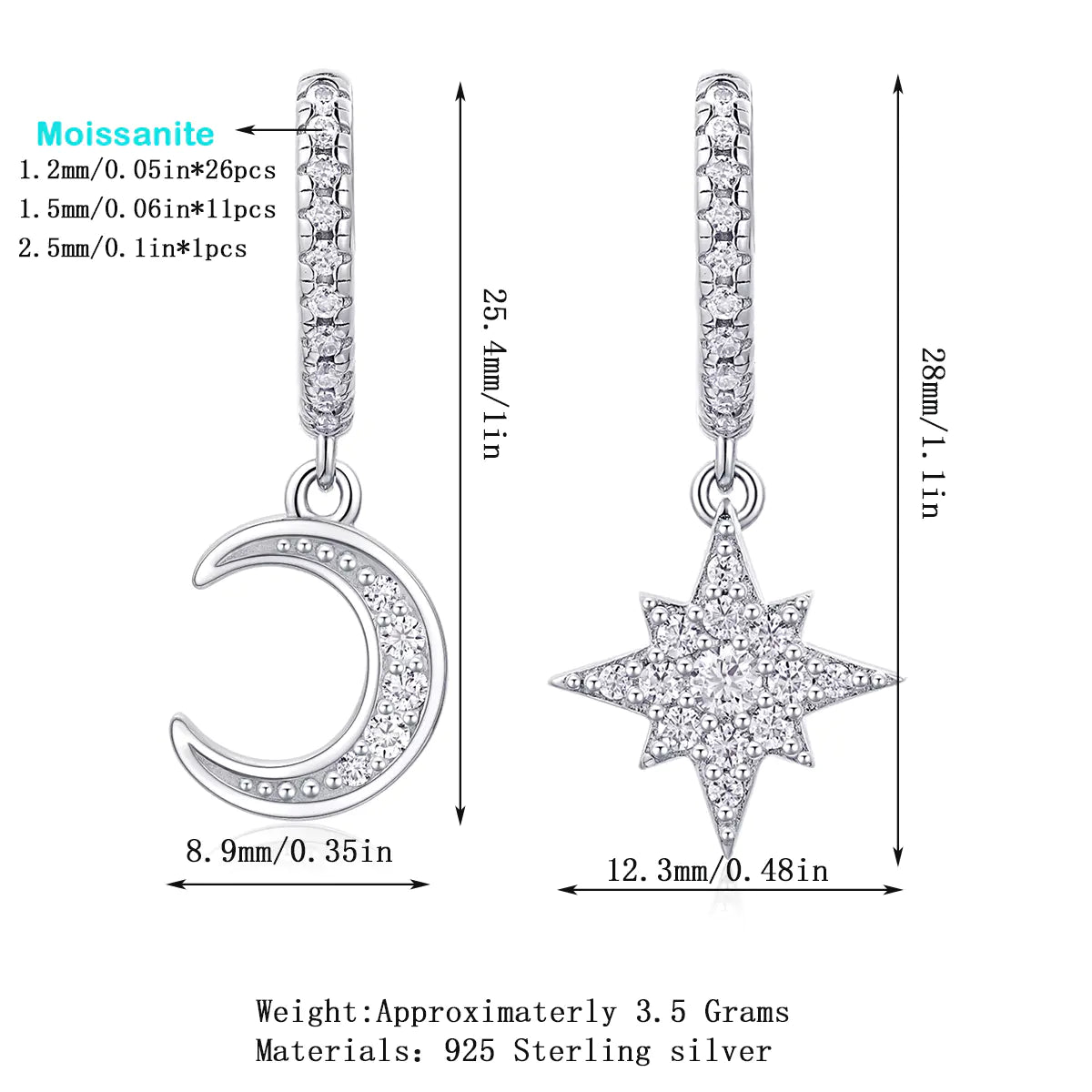 S925 Moissanite  Moon Meteors Earrings