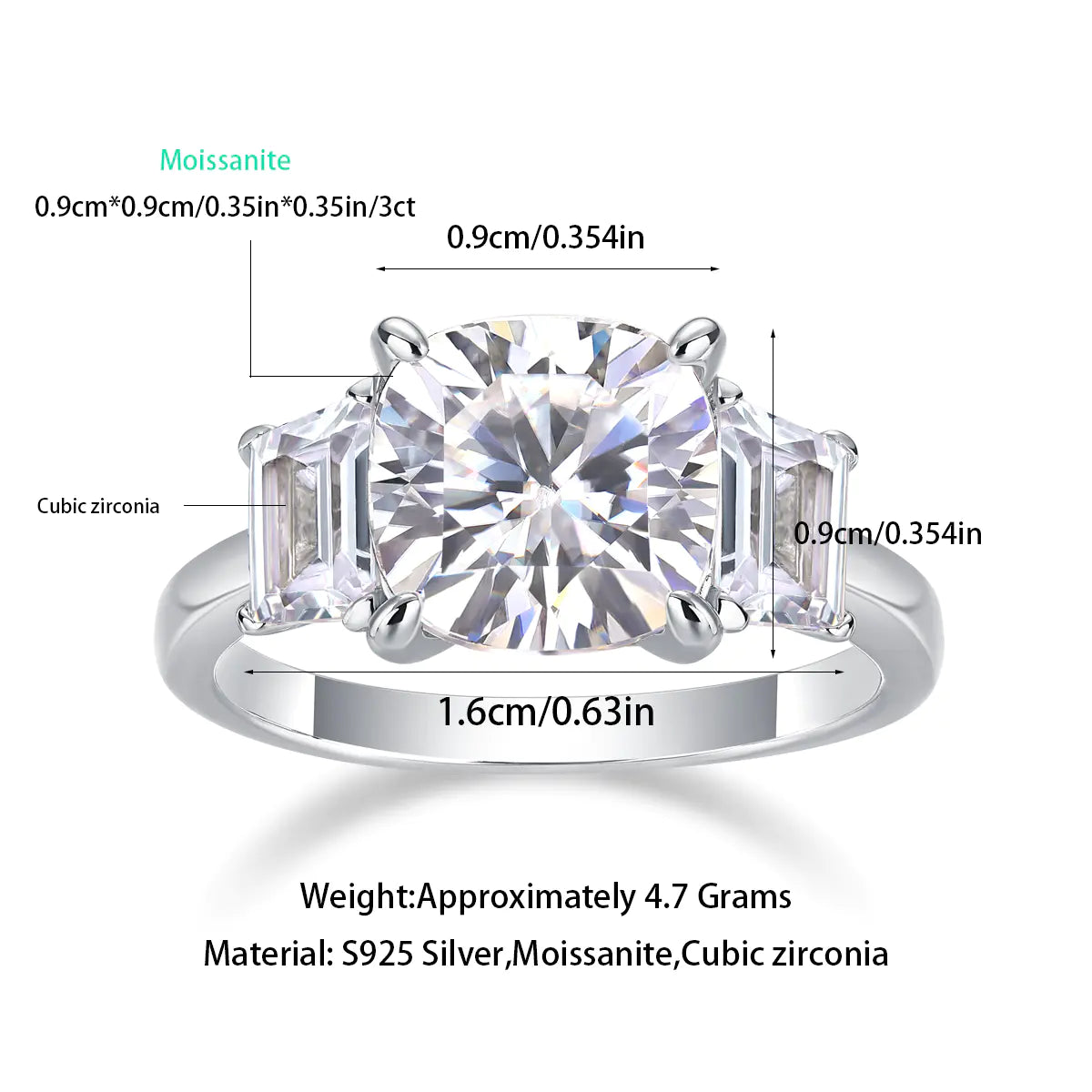 Moissanite Square Cushion Three-Stone Engagement Ring