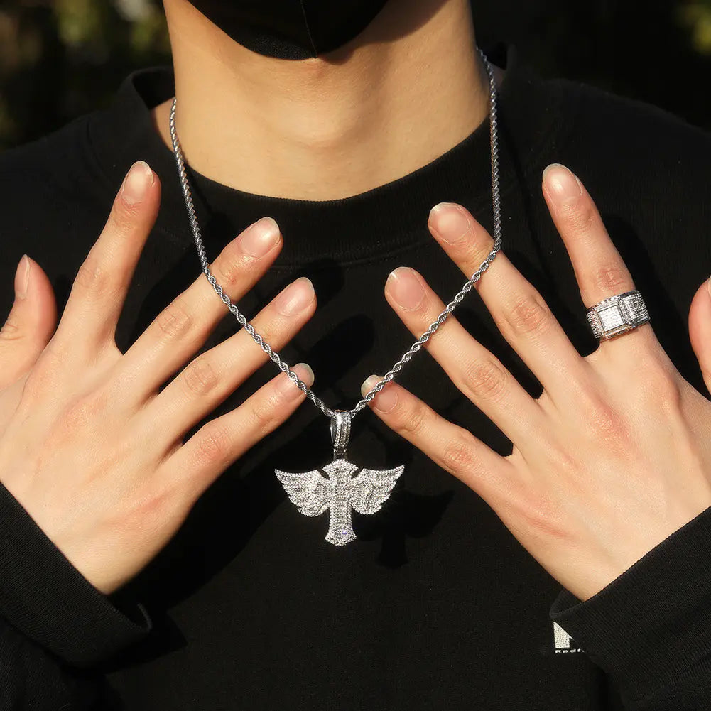 Iced Baguette Wing Cross Pendant