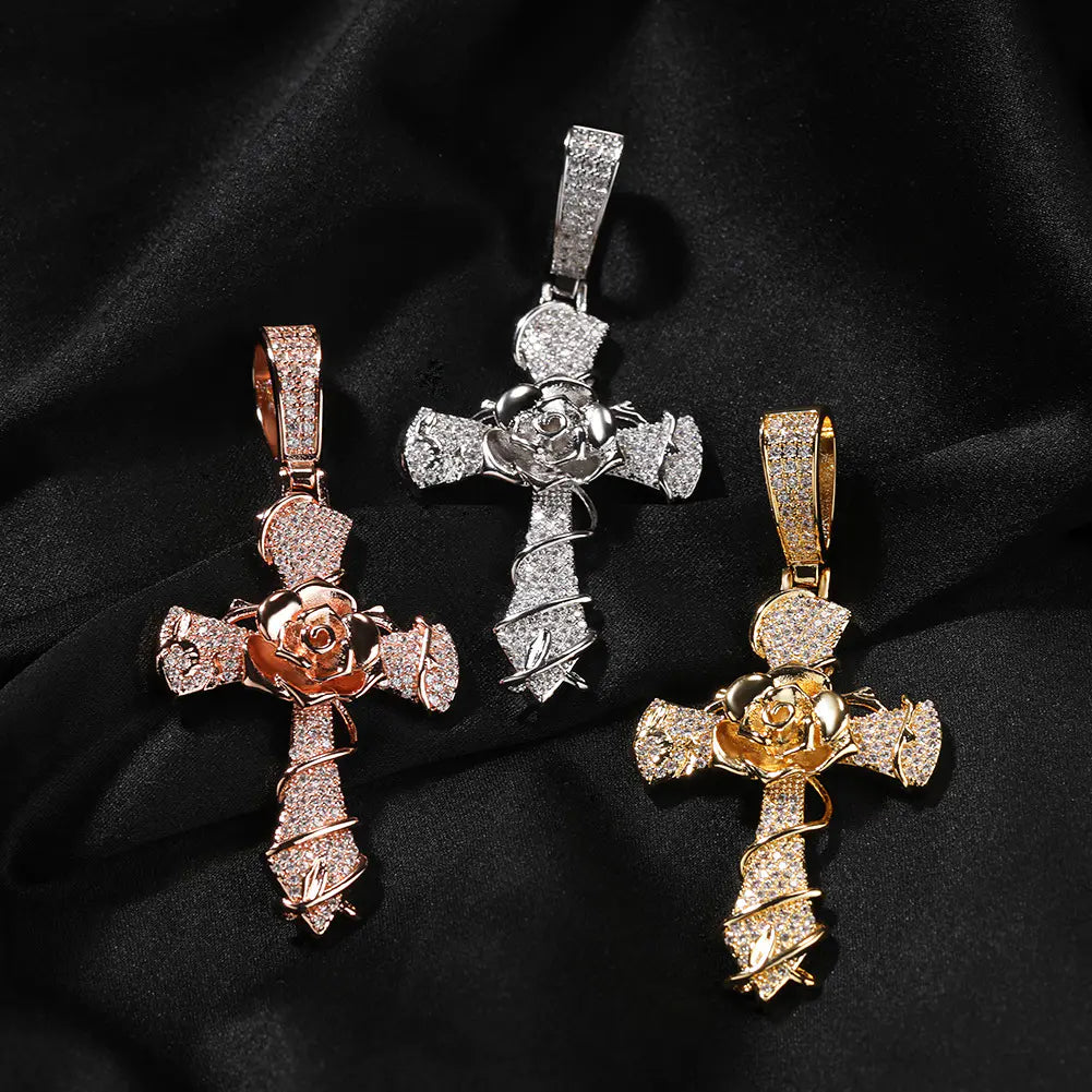 Iced Thorns Rose Cross Pendant